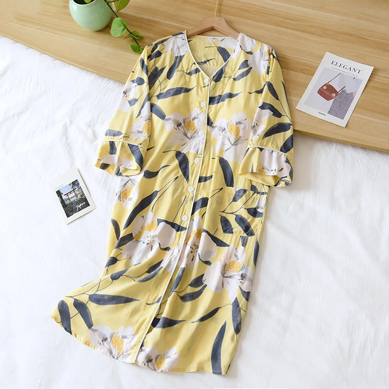 Women's Skirt Middle Sleeve Chest Pad Detachable Nightdress 100% Viscose Short Sleeve Loose Home Dress Nighty for Ladies