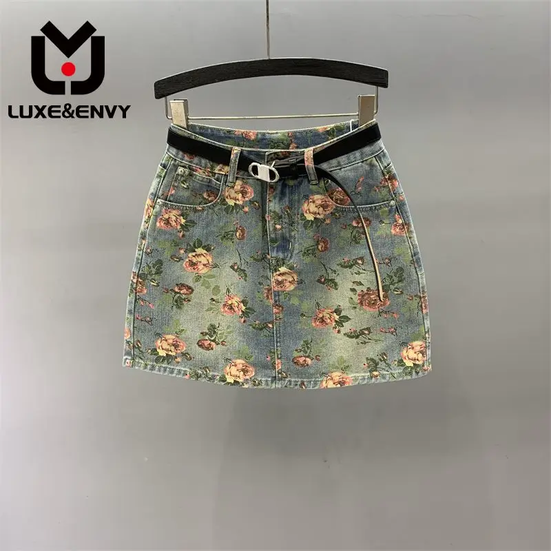 

Джинсовая юбка люкс & ENVY для женщин, летняя новая облегающая юбка А-силуэта с высокой талией и пряным принтом, короткая юбка для девушек, осень 2023