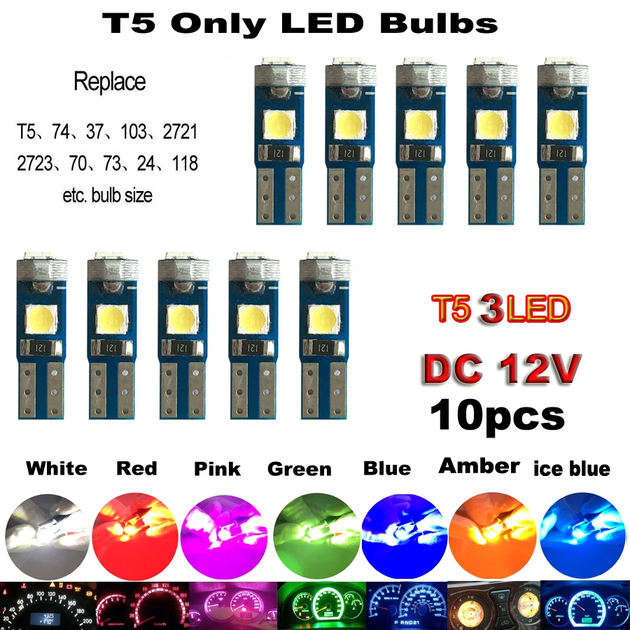 

10 шт. новый T5 W3W W1.2W светодиодные лампы Canbus PC74 B8.5 светодиодные лампы для автомобиля, мотоцикла, приборная панель, предупреждающий индикатор, клиновидная лампа для инструментов