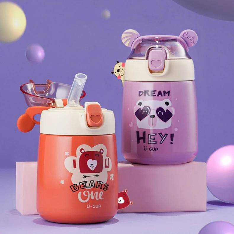 

Thermal Water Bottle 304 Stainless Steel Tumbler Bear Cute Straw Strap Cartoon Thermos Thermos Child Insulated Bottle