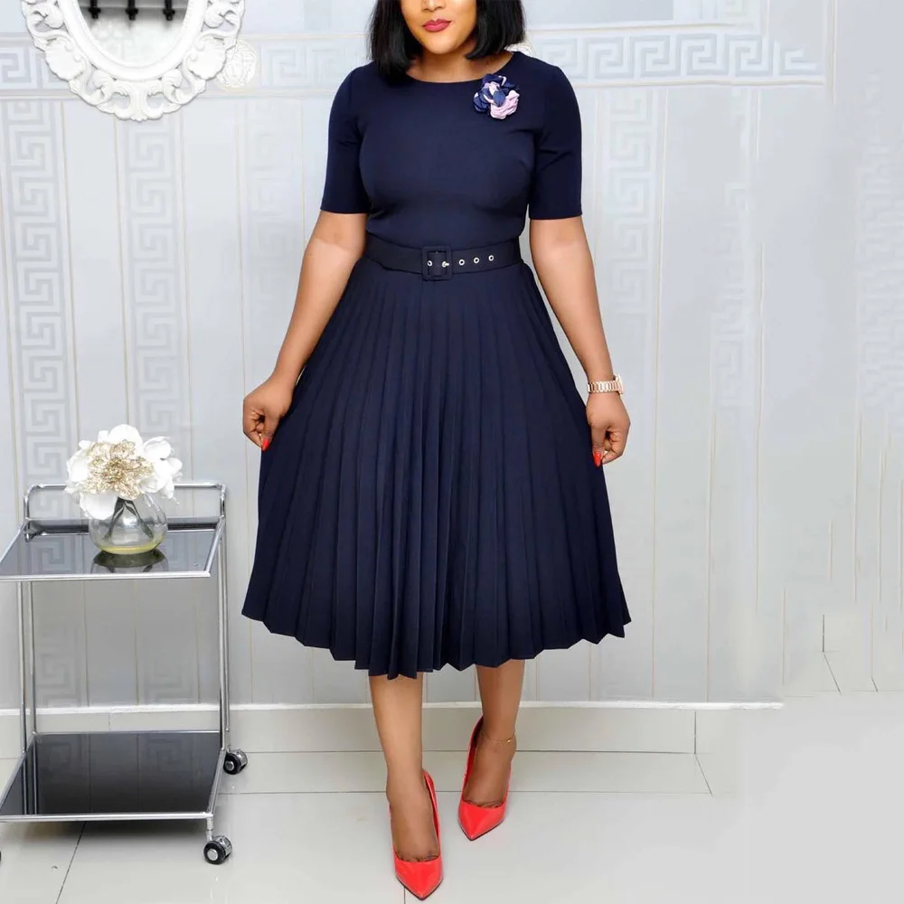 

Elegant Office Ladies Dresses Women Round Neck Short Sleeve With Belt Pleated Mid Calf Fashion Business Work Wear Dress Vestidos
