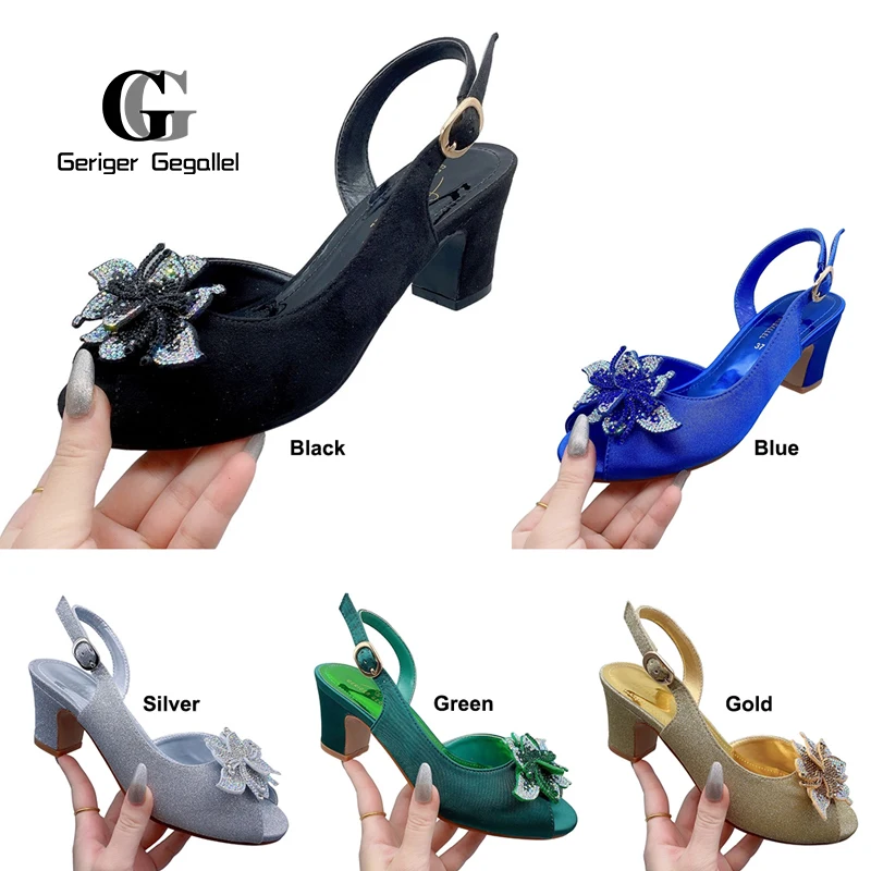 Geriger Gegallel Silver Classic Design Nigerian Women Lace Laces Shiny Crystal Stiletto Garden Party Wedding Shoes