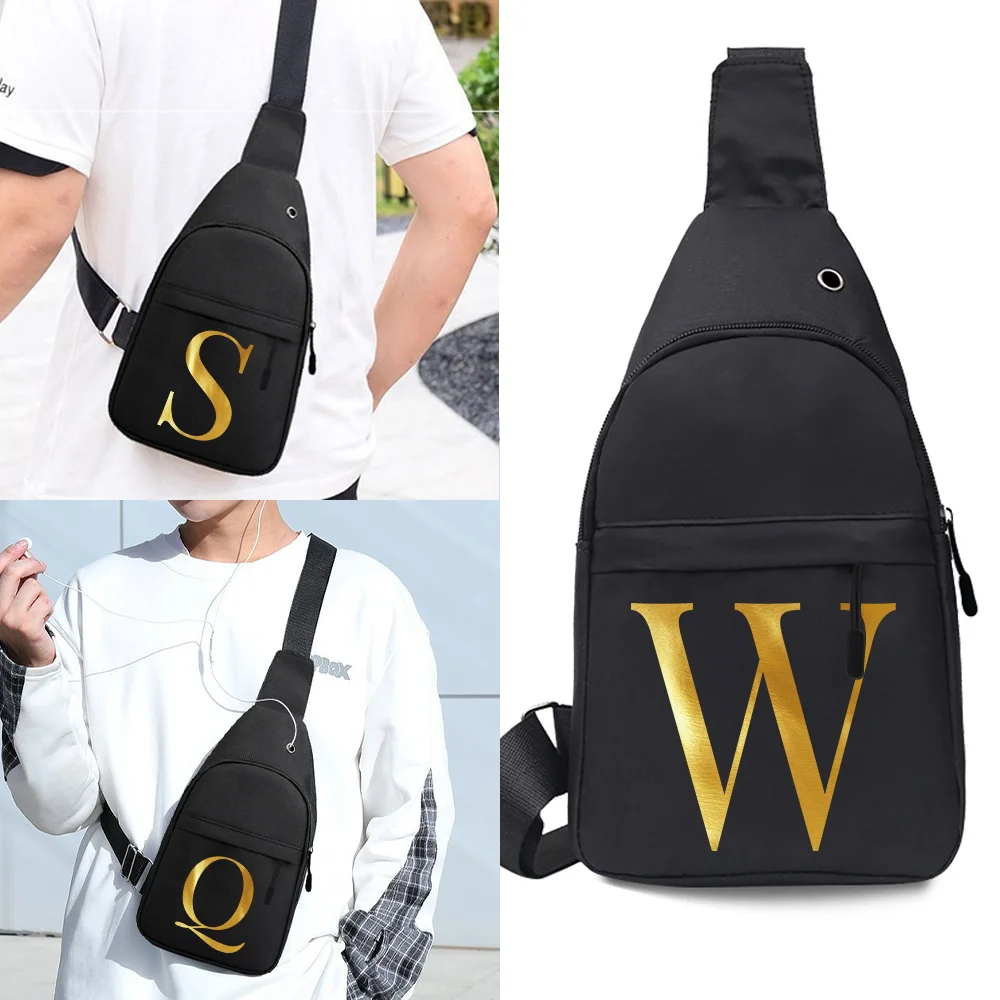 

Men Chest Bags Casual Waist Bags USB Charging Earphones Cable Hole Crossbody Bags Letter Shoulder Canvas Waist Packs Sling Bag