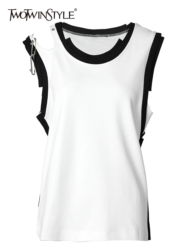 

TWOTWINSTYLE Off Shoulder Summer Tank Tops For Women Round Neck Sleeveless Hollow Out Hit Color Vest Female Fashion Clothing New