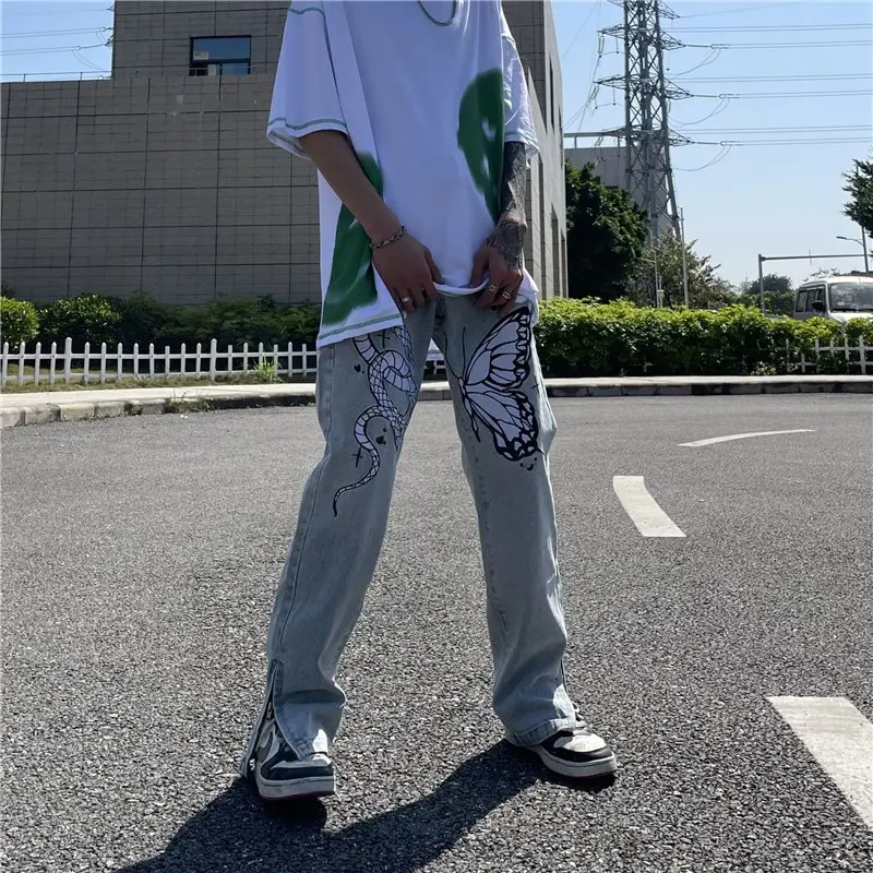 New Fashion Butterfly Snake Embroidery Hip Hop Men Slim Jeans Pants Ankle Zipper Vintage Denim Trousers Y2K Clothes Ropa Hombre
