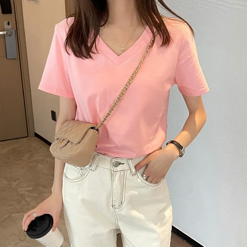 Женская футболка с v-образным вырезом и коротким рукавом однотонная свободная до
