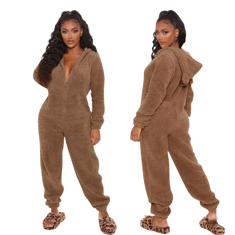 

Mandylandy Women Plush One Piece Hooded Homewear Comfy Warm Faux Fur Zipper Sleepwear Winter Casual Fleece Jumpsuit Cute Rompers