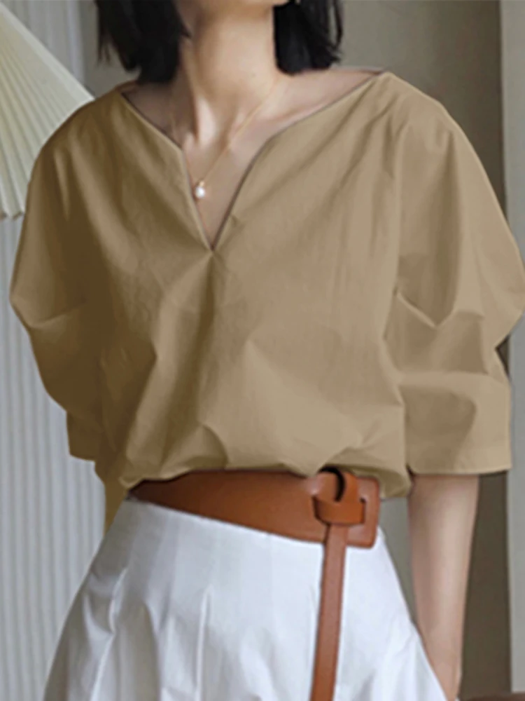 

VONDA Oversize Stylish Female Baggy Solid Polyester Tops Blusas Casual Solid V Neck Blouse Women Half Puff Sleeve Chemise Shirts