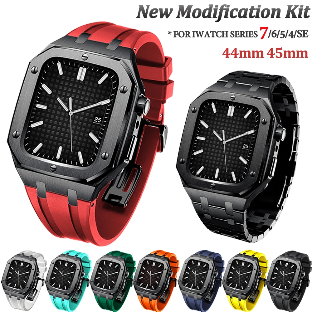 

44mm 45mm Metal Case For Apple Watch Series 7 For iWatch 6 Se 5 Luxury Stainless Steel Shell Aluminum Alloy Modification Kit Set