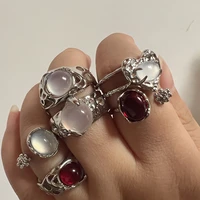 vintage silver color red oval ring for women trendy elegant irregular natural stone luxury ring woman y2k aesthetic jewelry gift