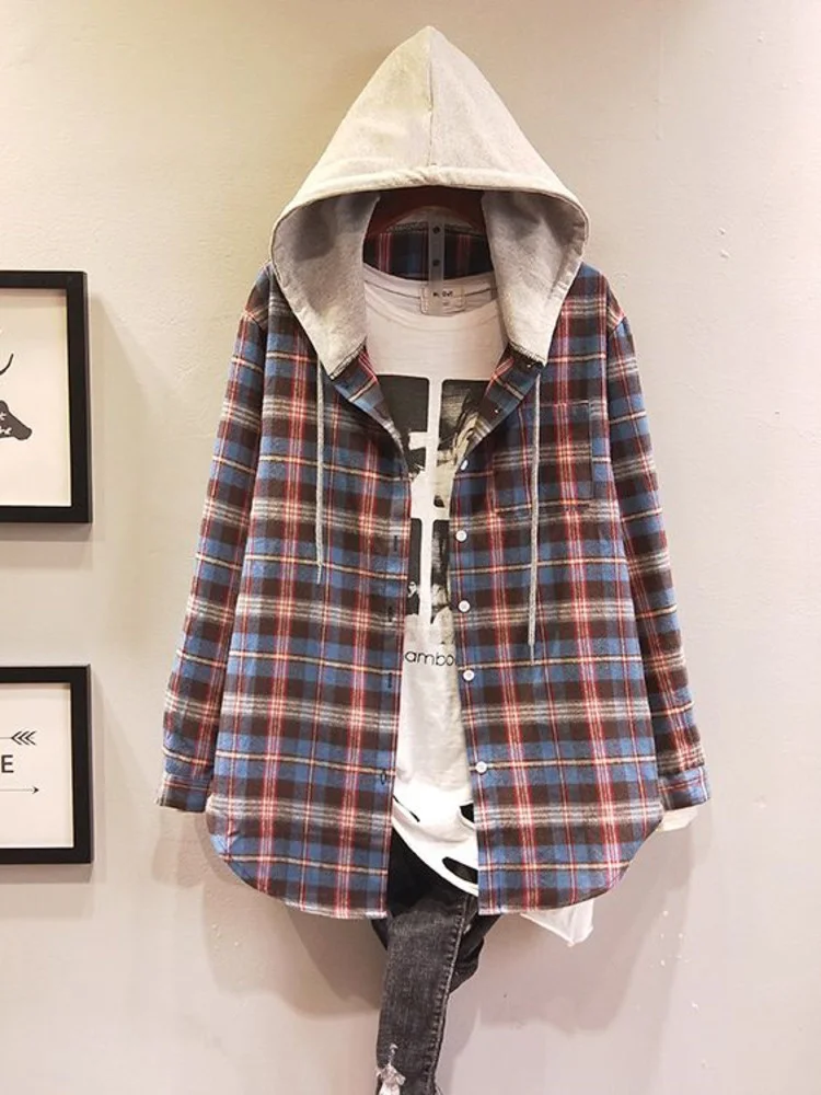 

Vintage Hooded Elegant Basic Plaid Shirts Women Long Sleeve Classic Fashion Harajuku Chic Casual Tops Streetwear Clothes New