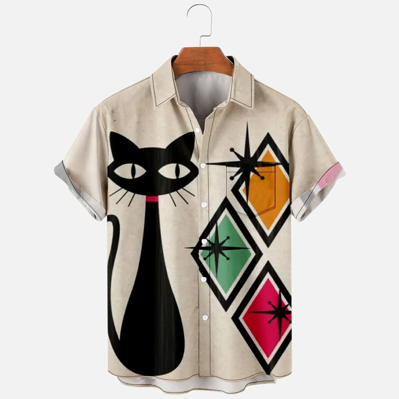

Гавайская рубашка мужская с коротким рукавом, Пляжная блузка на пуговицах, с геометрическим принтом черного кота, свободная майка, лето