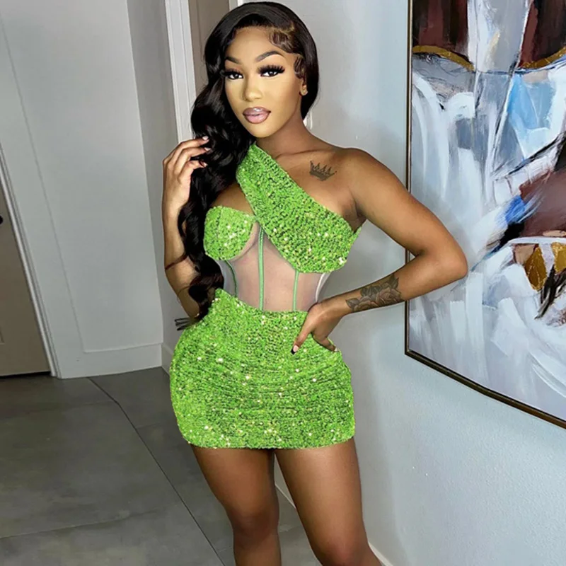 

Sexy Glitter Sequins Mini Dresses for Women Party Night One Shoulder Cut Out Sheer Mesh Patchwork Bodycon Club Dresses Backless