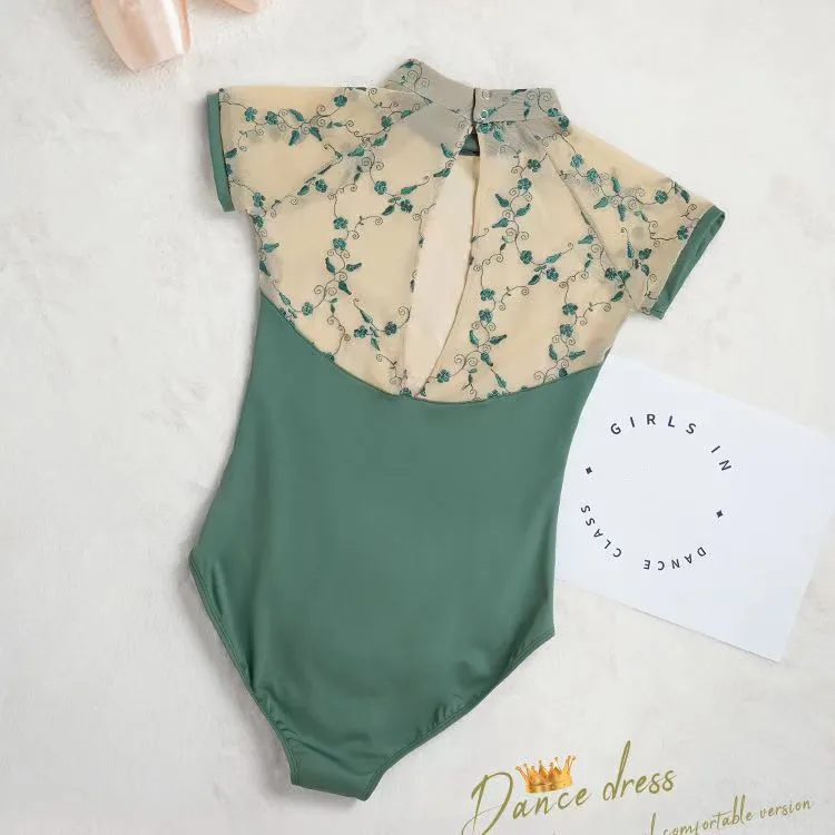 

Балетное трико для женщин, вышитый сетчатый купальник для взрослых, трико с воротником-стойкой и скрытой пряжкой, танцевальная одежда, V-образный балетный купальник