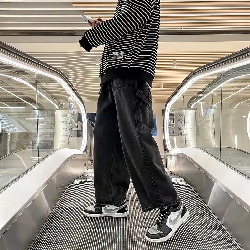 Men's Denim Pants Fashion Loose Wide Leg Jeans Casual Streetwear Printed Cross Trousers Pure Cotton Pants Baggy Men Jeans