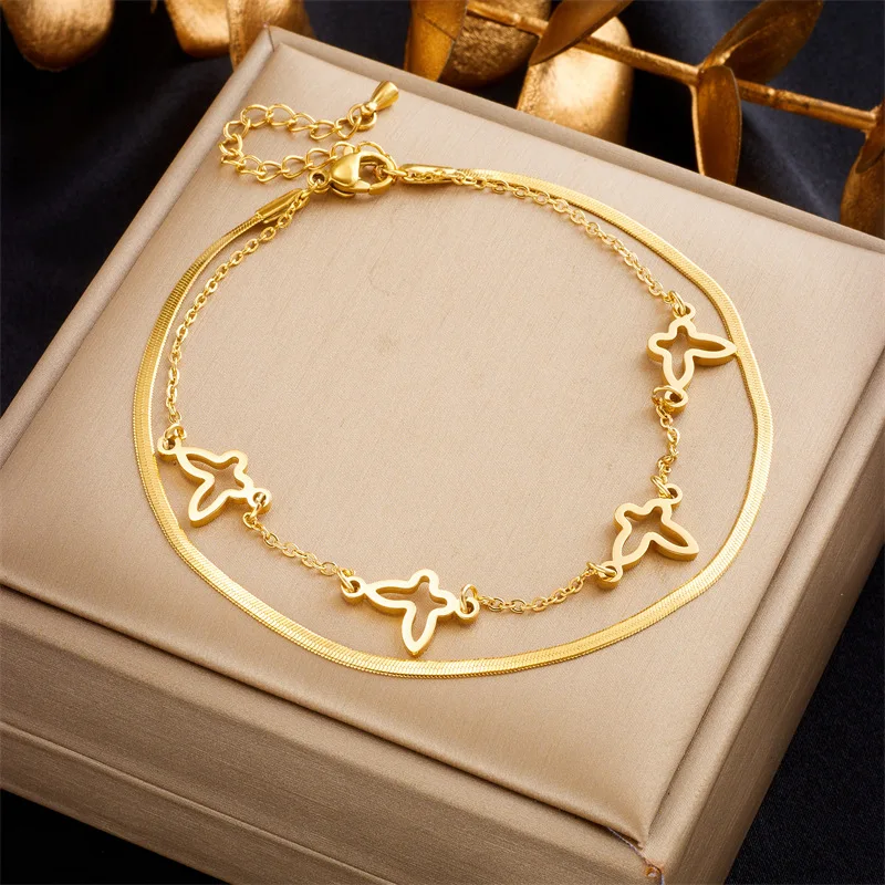 

316L Stainless Steel 2-Layer Butterfly Charm Anklet For Women Girl Trend Leg Chain Waterproof Jewelry Party Gift
