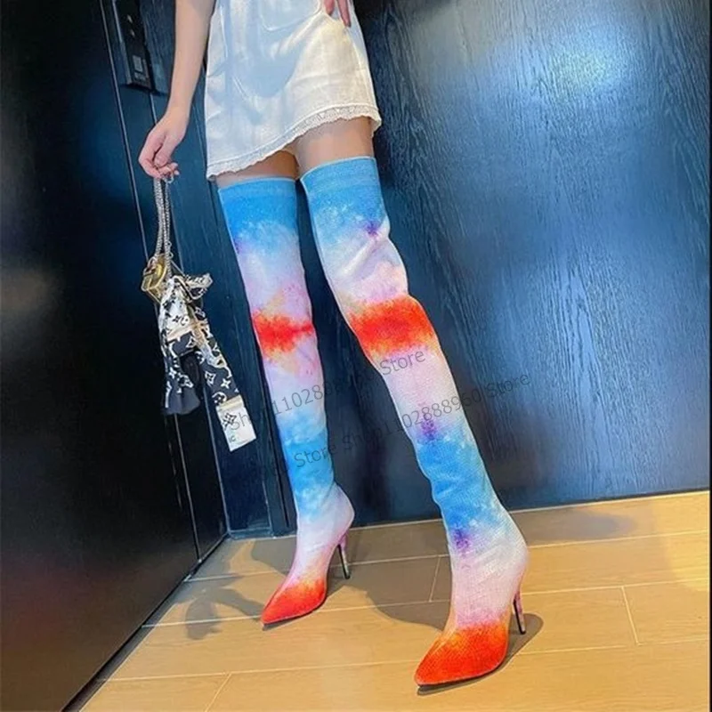 Разноцветные сапоги выше колена с декором из кристаллов женские туфли на высоком