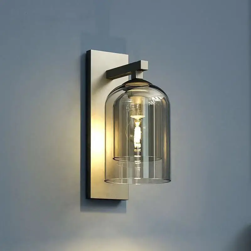 Nordic Minimalist Wall Lamp Home Decor Electroplating Smoke Gray Double-layer Glass Wall Lamp Bedroom Background Wall Lighting