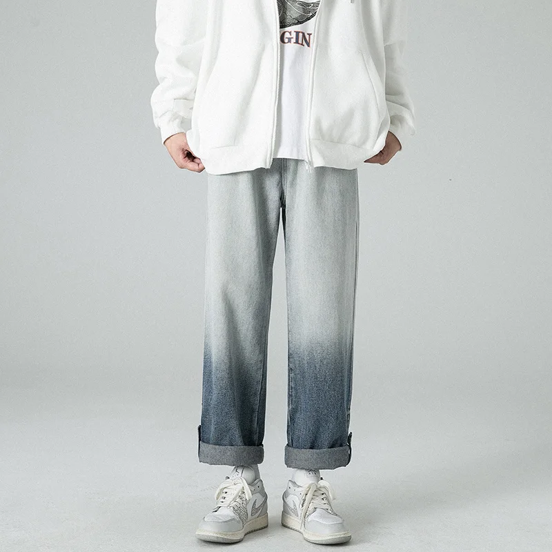 Brown Blue Black Jeans Men Fashion Gradient Straight Jeans Men Japanese Streetwear Hip-hop Loose Denim Pants Mens Trousers M-2XL