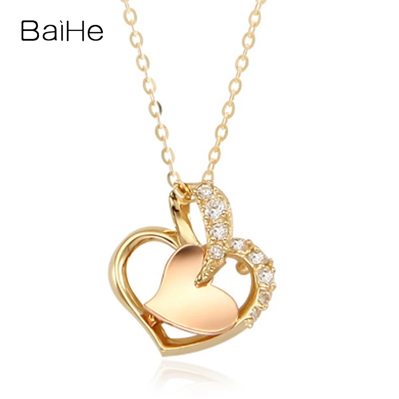 

BAIHE Real Solid 14K Yellow+Rose Gold Natural Diamond Heart Necklace Women Wedding Fine Jewelry Making Collier Coeur שרשרת לב