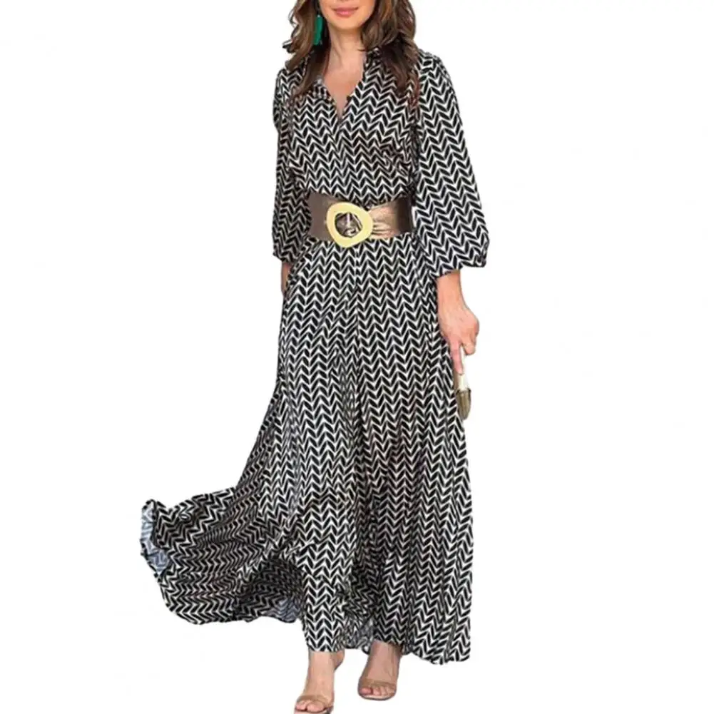 

Women Dress Stylish Women's V-neck Maxi Dress Colorful Print Flattering Fit Waist Belt for Spring Fall Parties Commutes Soft