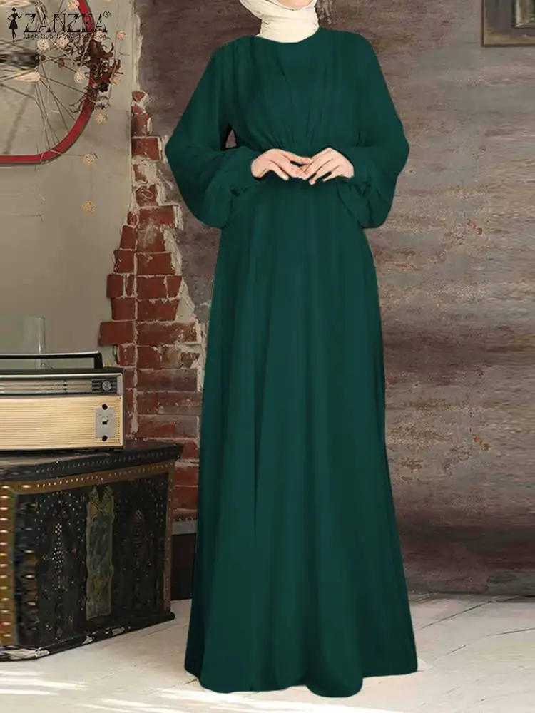 Платье ZANZEA женское с круглым вырезом, модный однотонный мусульманский сарафан с длинными рукавами, элегантная повседневная Турецкая одежд...