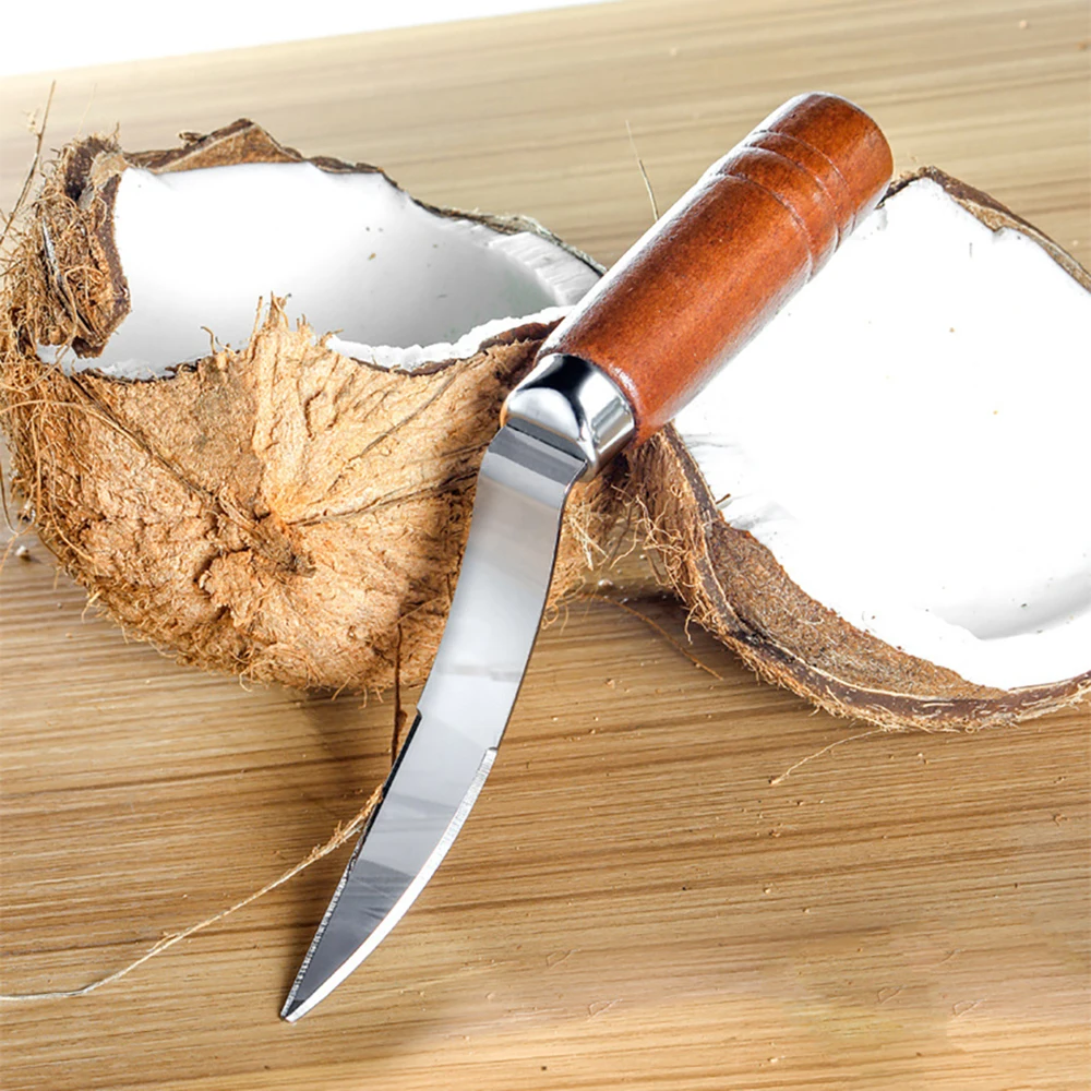 Stainless Steel Coconut Opener Fruit Opener Double Ended Coconut Cutter With Wooden Handle Coconut Shell Knife Kitchen Gadget images - 6