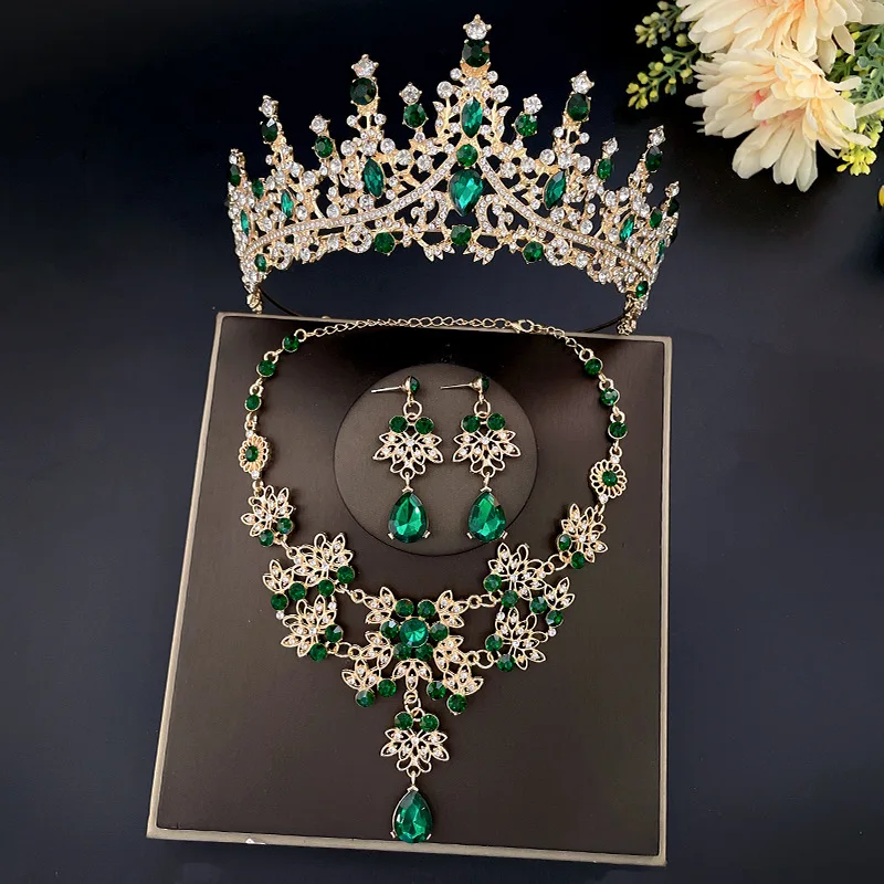 

Baroque Vintage Green Crystal Bridal Jewelry Sets Rhinestone Tiara Crown Stud Earrings Choker Necklace Wedding Dubai Jewelry Set