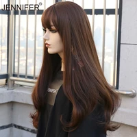 synthetic long curly wig chocolateaoki peach mist bluebrown black 3 color with bangs wigs for women heat resistant fiber