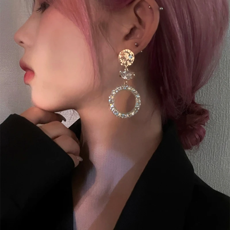 

DREJEW Inlaid Zircon Earrings For Women Fashion Geometric Round Drop Earrings Rhinestone Crystal Earrings For Party Jewelry