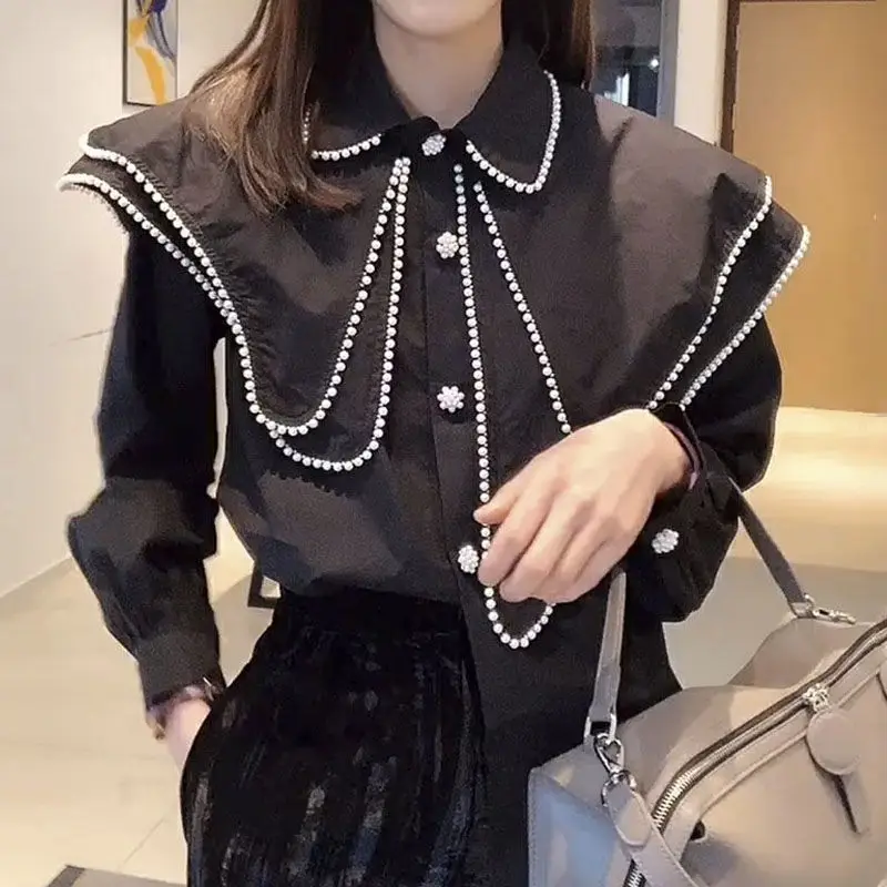 

Women Pearls Beaded Shirts Bandage Bow Spring Vintage Blouses Elegant OL Turn Dwon Collar Cardigan Blusas Mujer Crop Tops Blusas