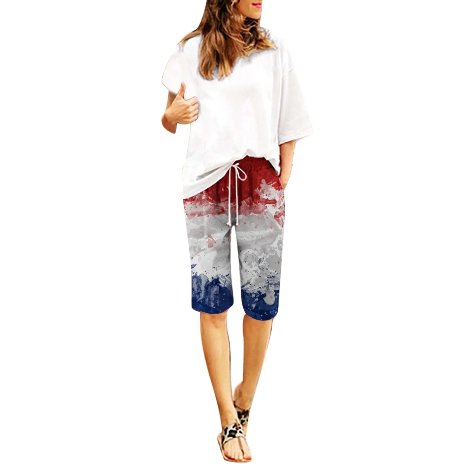 

4th Of July Shorts For Women Summer Beach Pants Beach Sports Print Drawstring Trousers Bottoms Independence Day Five-point Pant