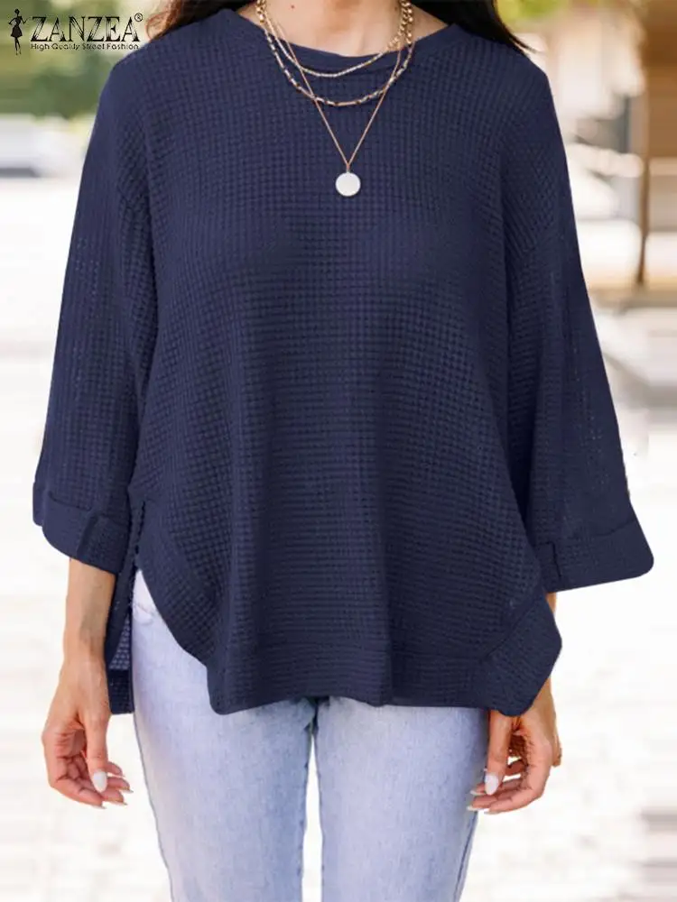 

ZANZEA Women Autumn ONeck Long Sleeve Blouse 2022 Casual Shirt Elegant Chemise Split Hem Tops Femme Tunic Mujer Solid Work Blusa