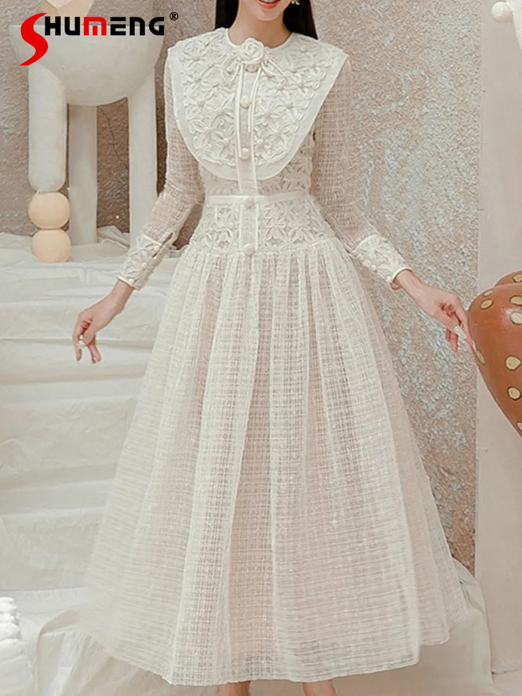 Long Sleeve Maxi Dress Women's 2023 New Spring Clothing Figure Flattering Machine Embroidery Elegant A- Line Long Dress