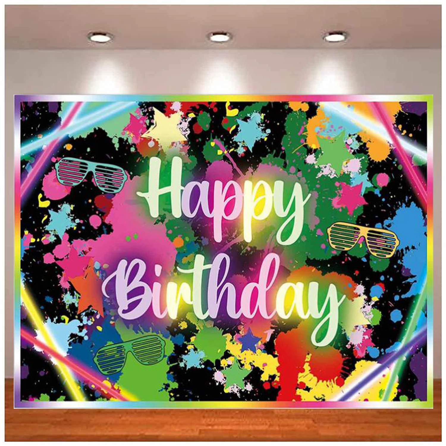 

Glow In The Dark Birthday Backdrop Neon Let's Glow Dance Party Colorful Graffiti Abstract Splash Painting Disco Background