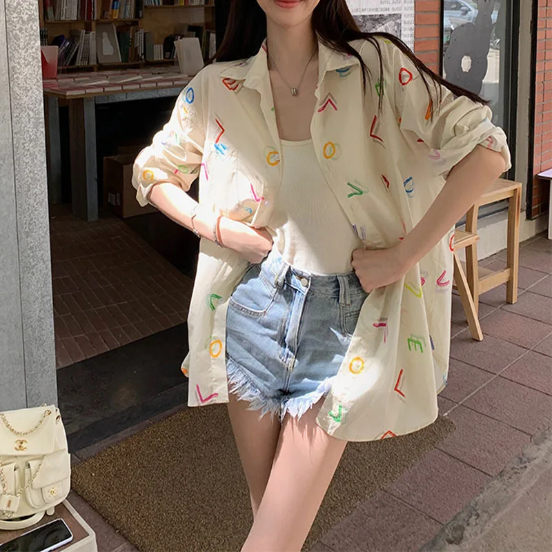 

Free Shipping Summer New Street Shirt Color Letter Full Print Shirt Bf Style Street Fashionable Sunscreen Women/S-M-L
