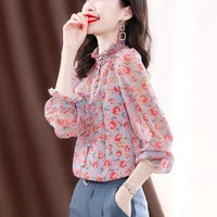 vintage printed button chiffon lace floral blouse womens clothing 2022 princess sleeve chic tops oversized loose commute shirt