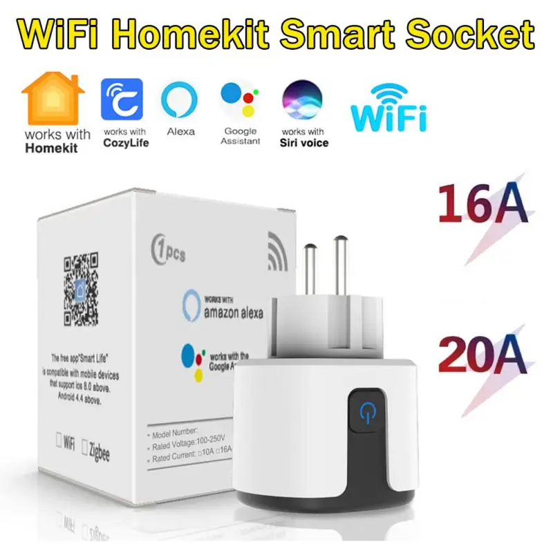 

16A/20A WiFi Homekit Smart Socket EU Plug With Power Monitoring Timer Home Outlet Work With Google Alice SmartThings Siri Alexa