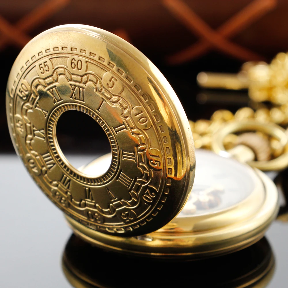 Deluxe Gold Flywheel Mechanical Automatic Chord Pocket Watch Roman Digital Skull Dial Pendant Automatic Antique Clock Gift