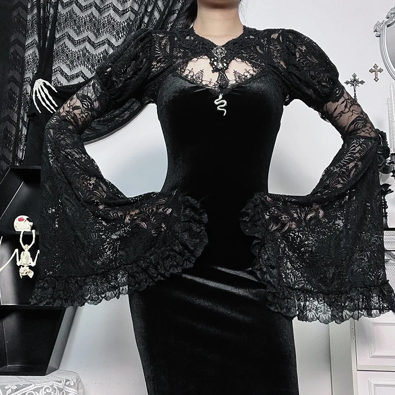 

Black See Through Floral Lace Flare Sleeves Short Vintage Jacket y2k Steampunk Coat Women Gothic Top Sexy Victorian Clothing