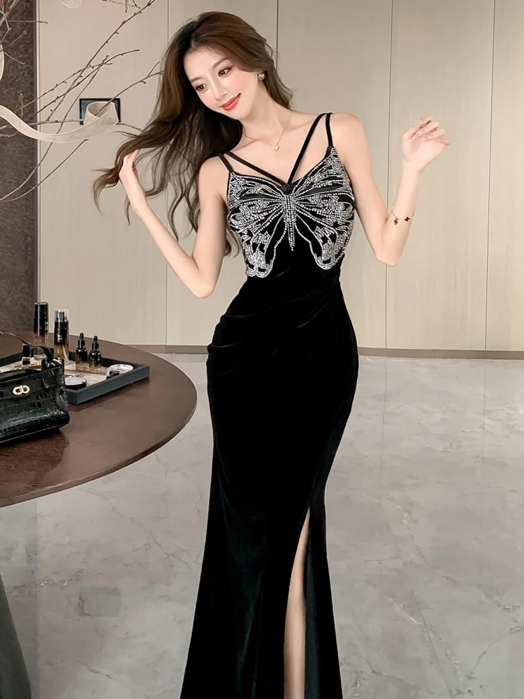 French sle Advanced Sexy Diamond Velvet Sling Dress Women Autumn Elegant Socialite Evening dress Sheath Long Skirt