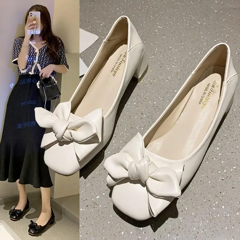 

New Style Single Shoes Women's 2022 Summer Trendy Shoes White Flat Mid-heel Thick Heel Square Toe Temperament Versatile High-hee