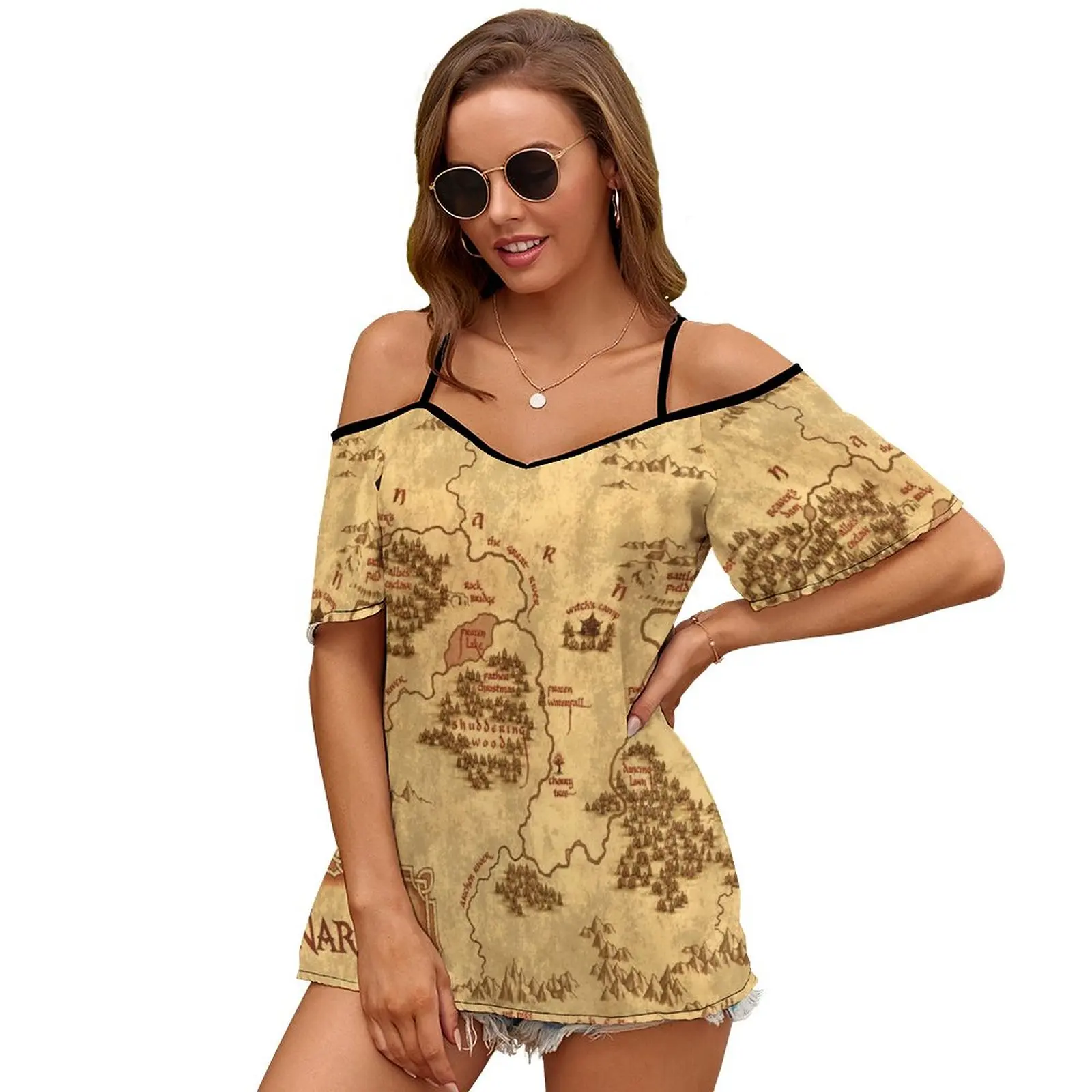 

Женский топ с коротким рукавом, круглым вырезом и плечевым ремнем