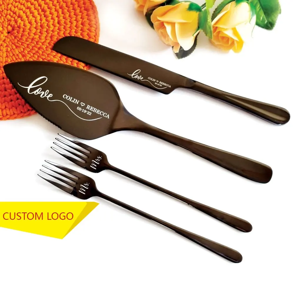 

Personalized Wedding Cake and Knife Server Set With Forks Wedding Cake Decorattion Custom Monogram Laser Name Multiple Colors