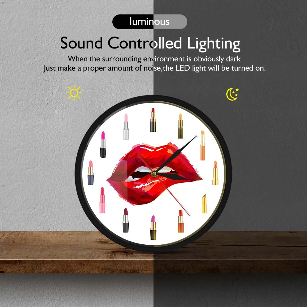 Girly Things Pretty Lipstick Funky Metal Frame Round Clock Silent Wall Watch Fashion Art For Beauty Salon Makeup Artist Gift images - 6