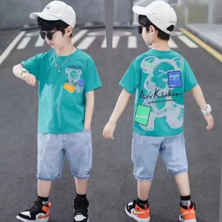 

3-12Years Big Boys Clothes Set Summer 2023 New Cartoon Bear Children Boys Clothing Set Short Sleeve tshirts+Pant Denim shorts