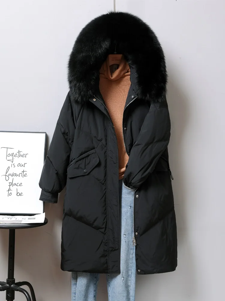 New Women Fox Fur Collar Long Down Jacket Casual Style Autumn Winter Coats And Parkas Female Outwear
