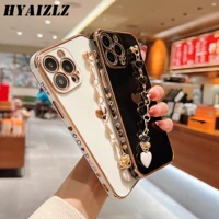 electroplated bumper love heart silicone case for iphone 13 12 11 promax xs xr 7 8 plus se2020 soft cover with wristband chain