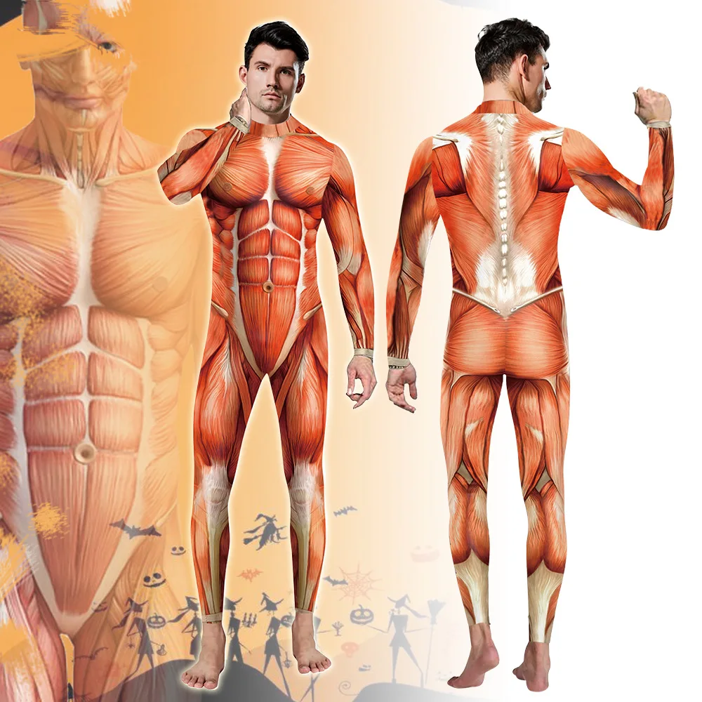 

Halloween Jumpsuits Adult Men Clothing Long Sleeve Funny Muscle Line 3D Printing Carnival Party Bodysuit Elastic Cosplay Costume