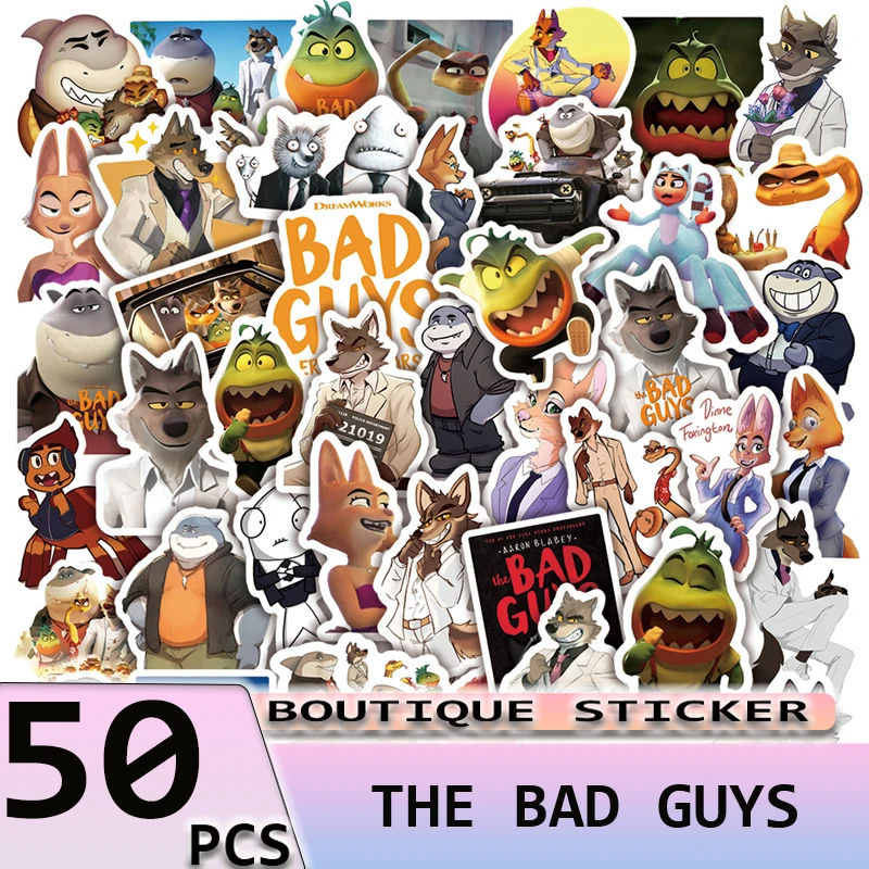 

50PCS The Bad Guys Stickers Hot Animated Movie for Laptop Water Cup Bike Travel Luggage Guitar Notebook PVC Waterproof Sticker